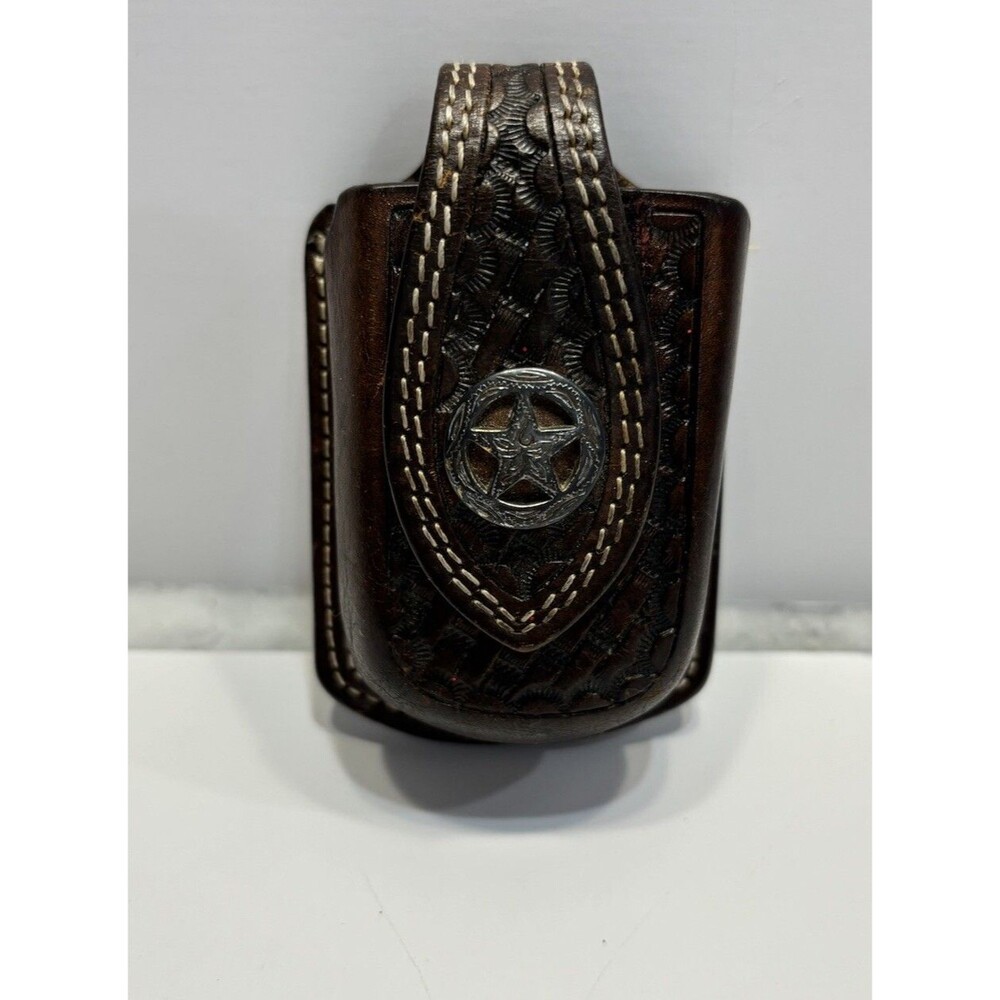 Hand Tooled Leather Zippo Cell Phone Concho Belt Clip Western Cowboy Brown